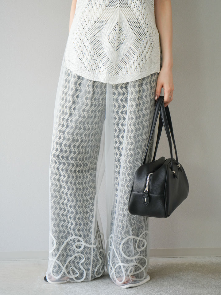 [予約]コード刺繍チュールレイヤードパンツ/オフ