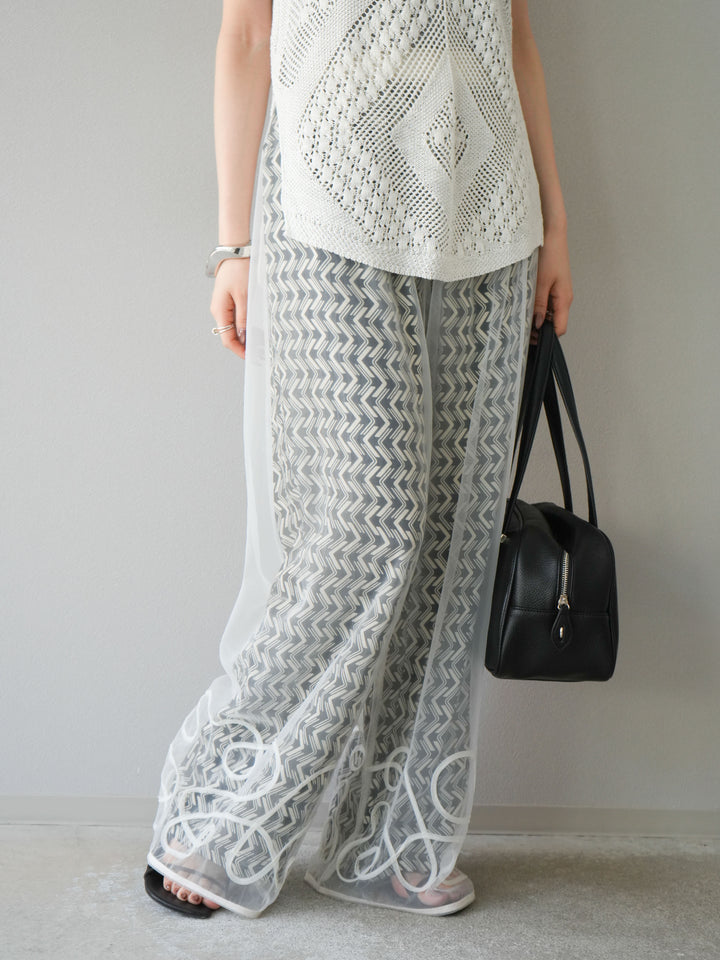 [予約]コード刺繍チュールレイヤードパンツ/オフ