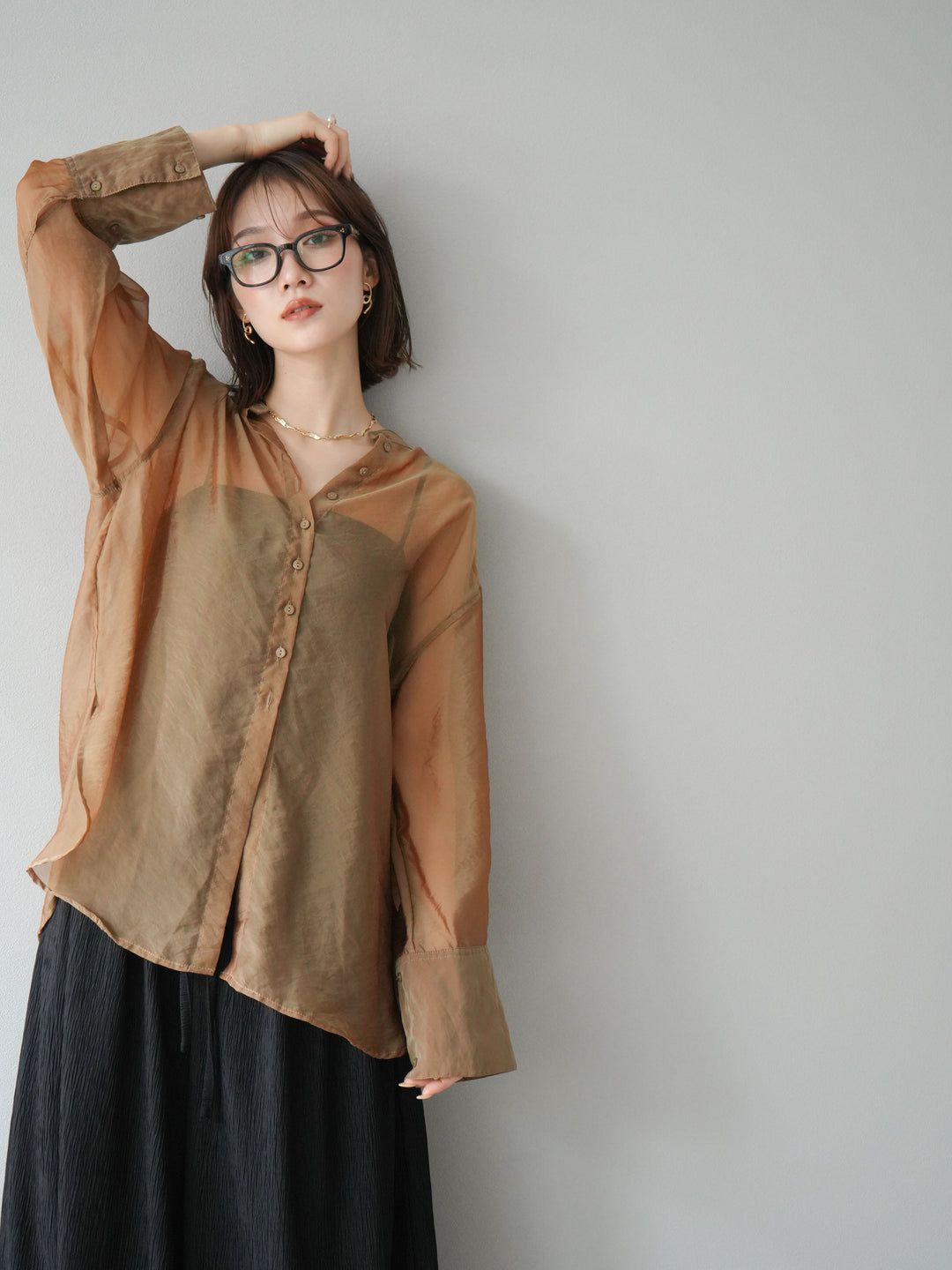 [SET] 亮面透視立領襯衫 + 亮面透視立領襯衫 (2 件套)