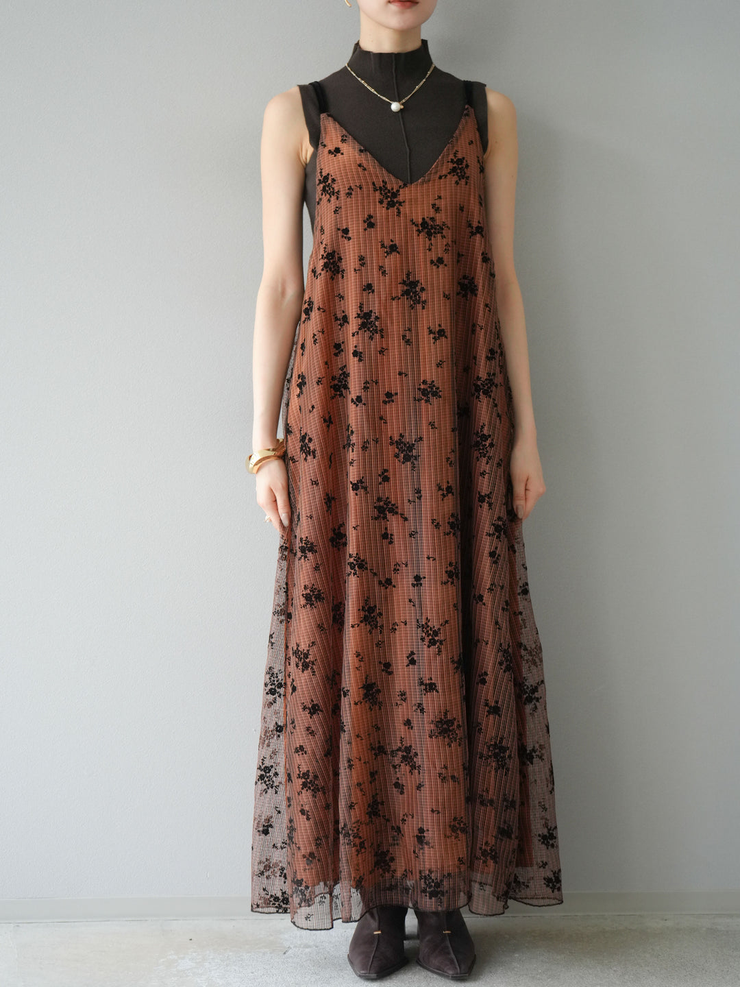 [予約]フロッキーチュールレイヤードベロアキャミワンピース/オレンジ