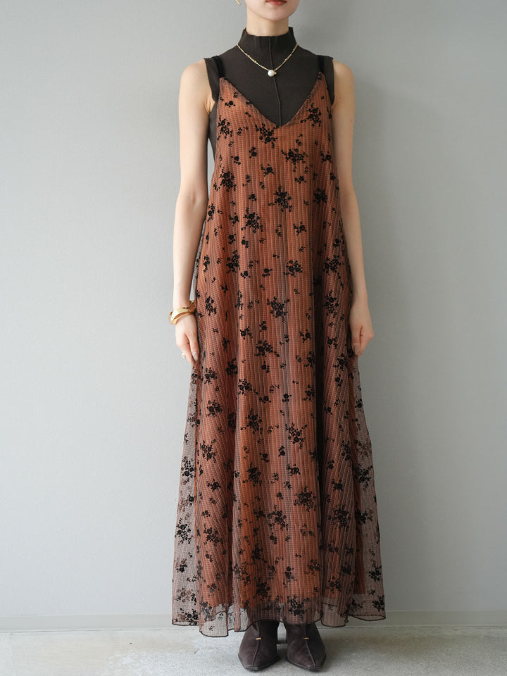 [予約]フロッキーチュールレイヤードベロアキャミワンピース/オレンジ