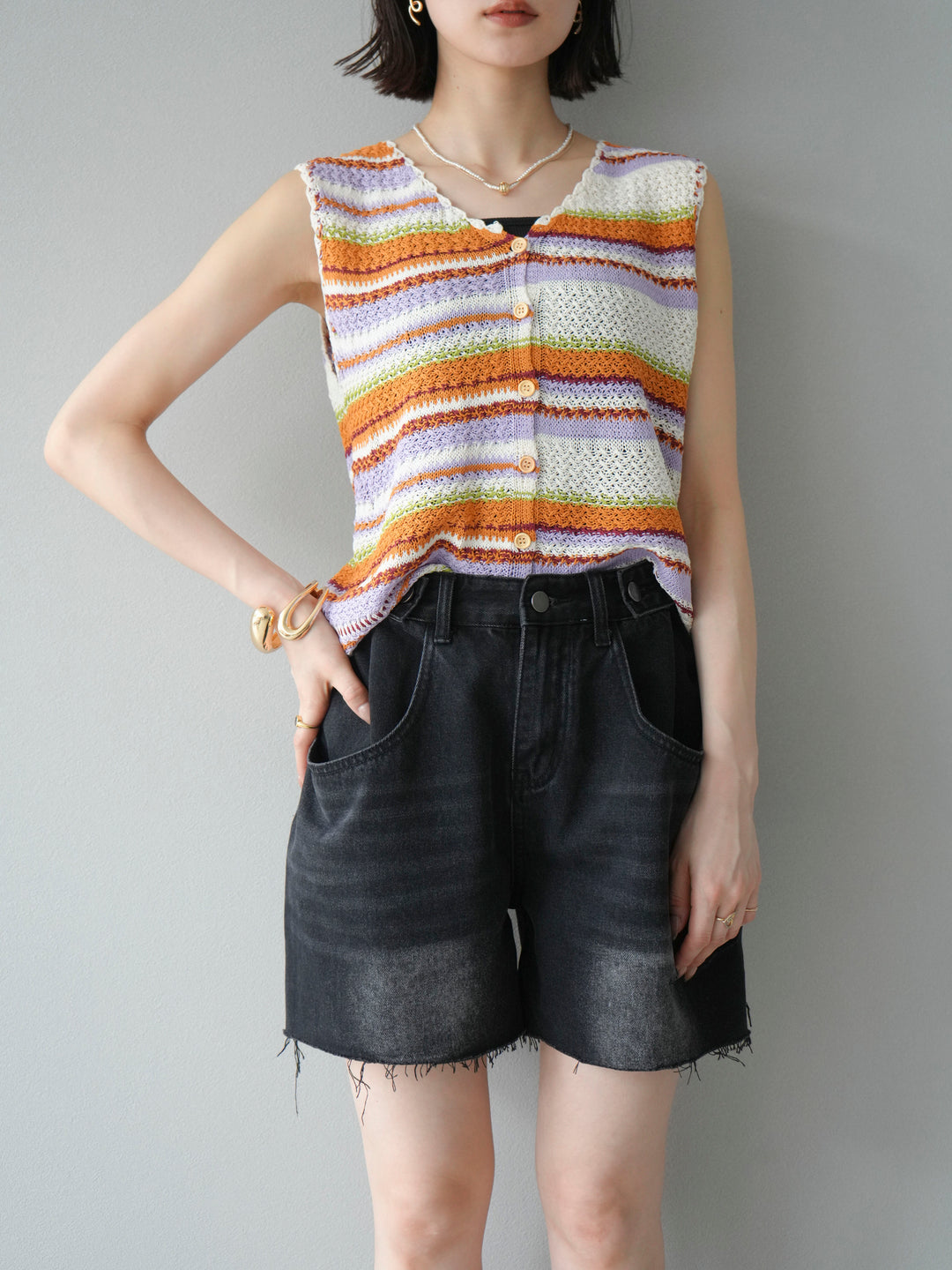 [予約]マルチボーダーニットベスト/オレンジ