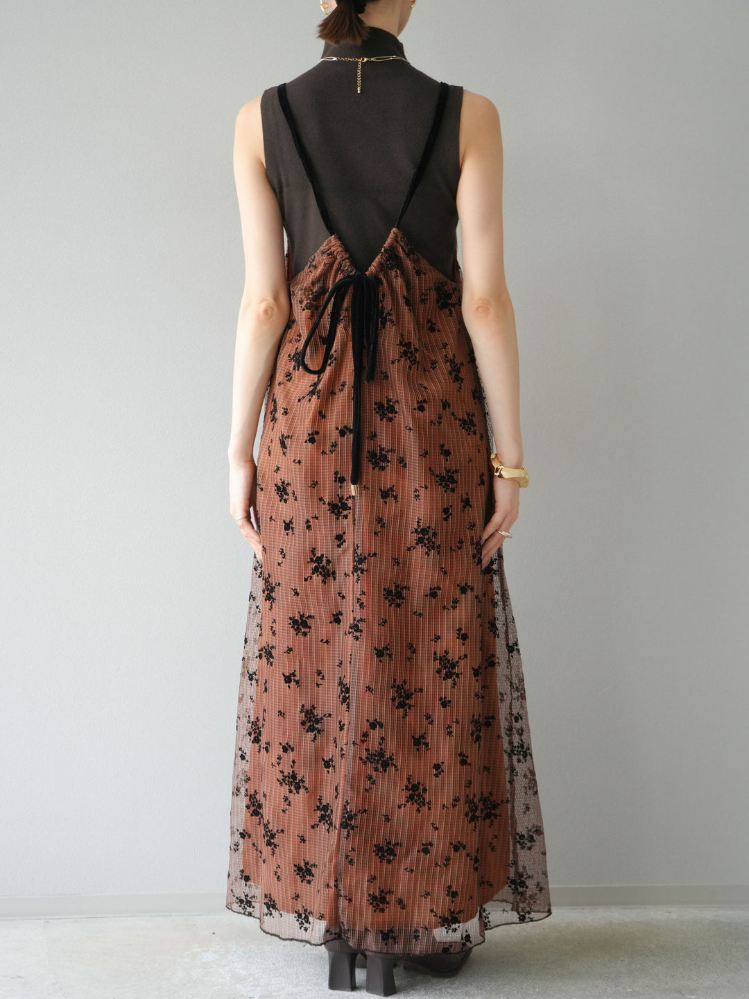 [予約]フロッキーチュールレイヤードベロアキャミワンピース/オレンジ