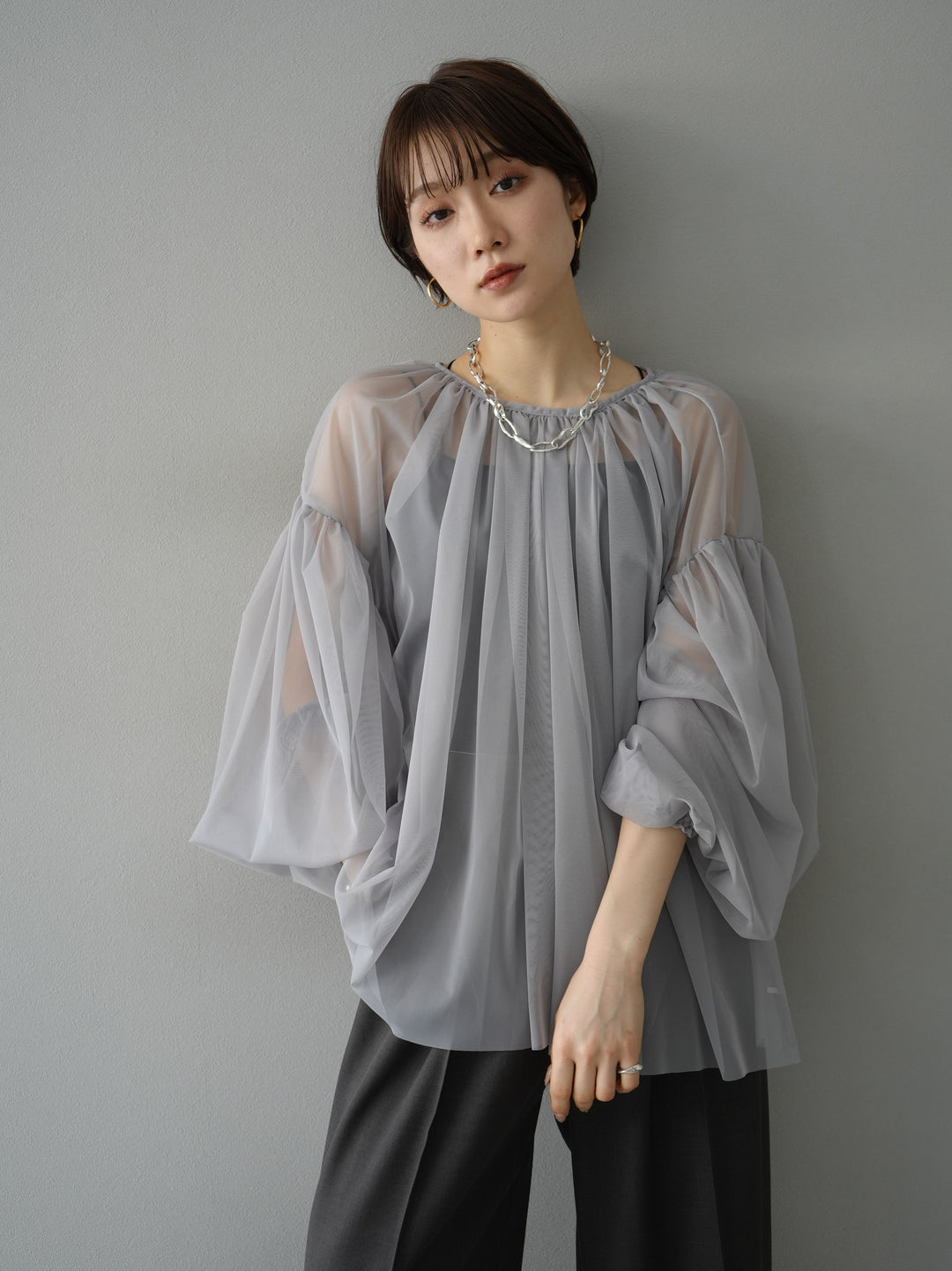 [SET] Tulle gathered blouse + wide pants with design tuck (2set)