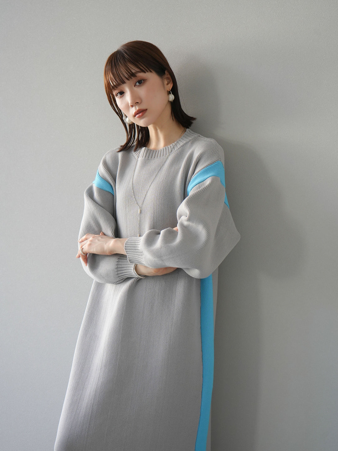 【預購】米蘭諾羅紋邊拼色寬鬆連身裙/灰色