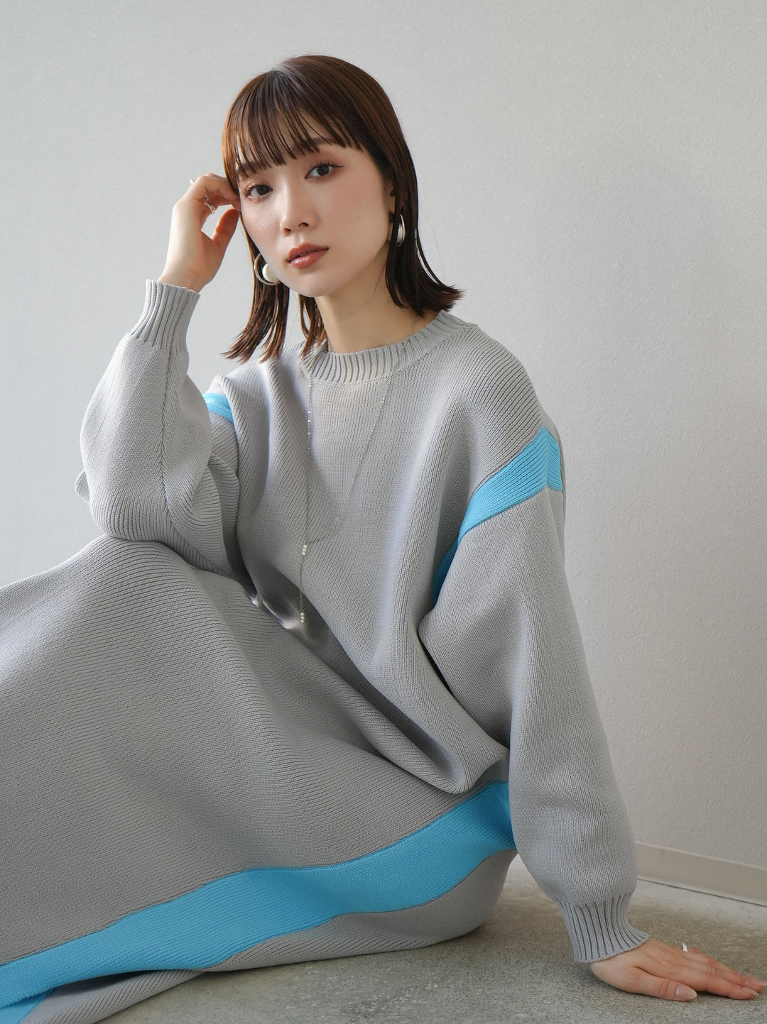 【預購】米蘭諾羅紋邊拼色寬鬆連身裙/灰色