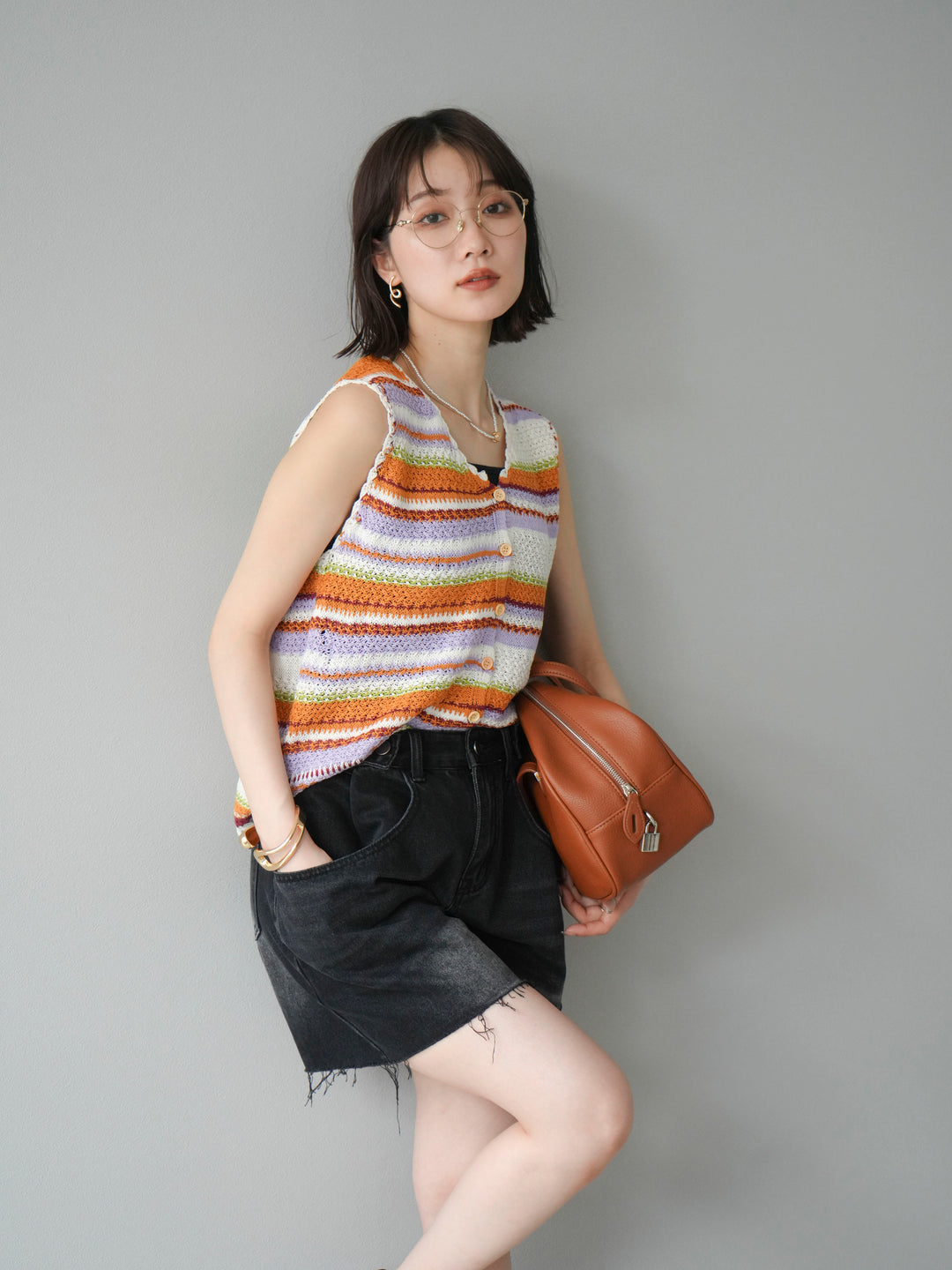 [予約]マルチボーダーニットベスト/オレンジ