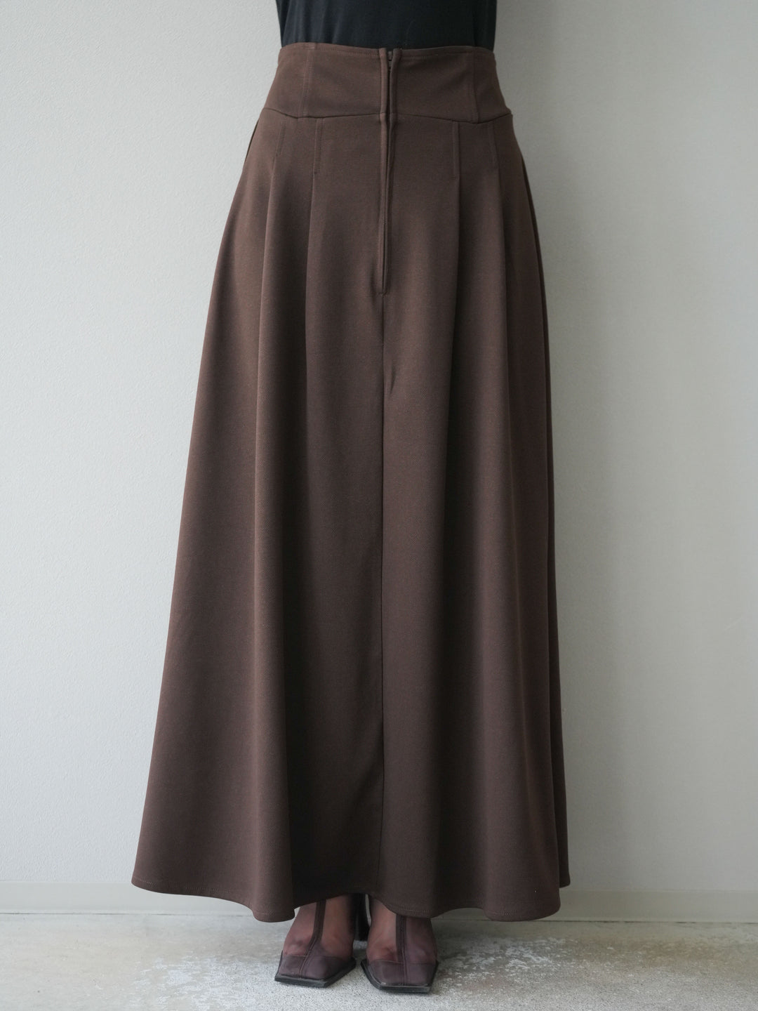 [予約]ポンチフロントZIPフレアロングスカート/ブラウン