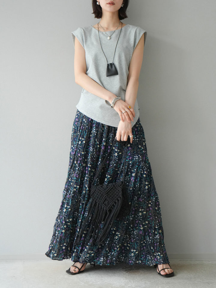 [予約]サイドギャザーTシャツ＆巾着レザーネックレスSET /グレー