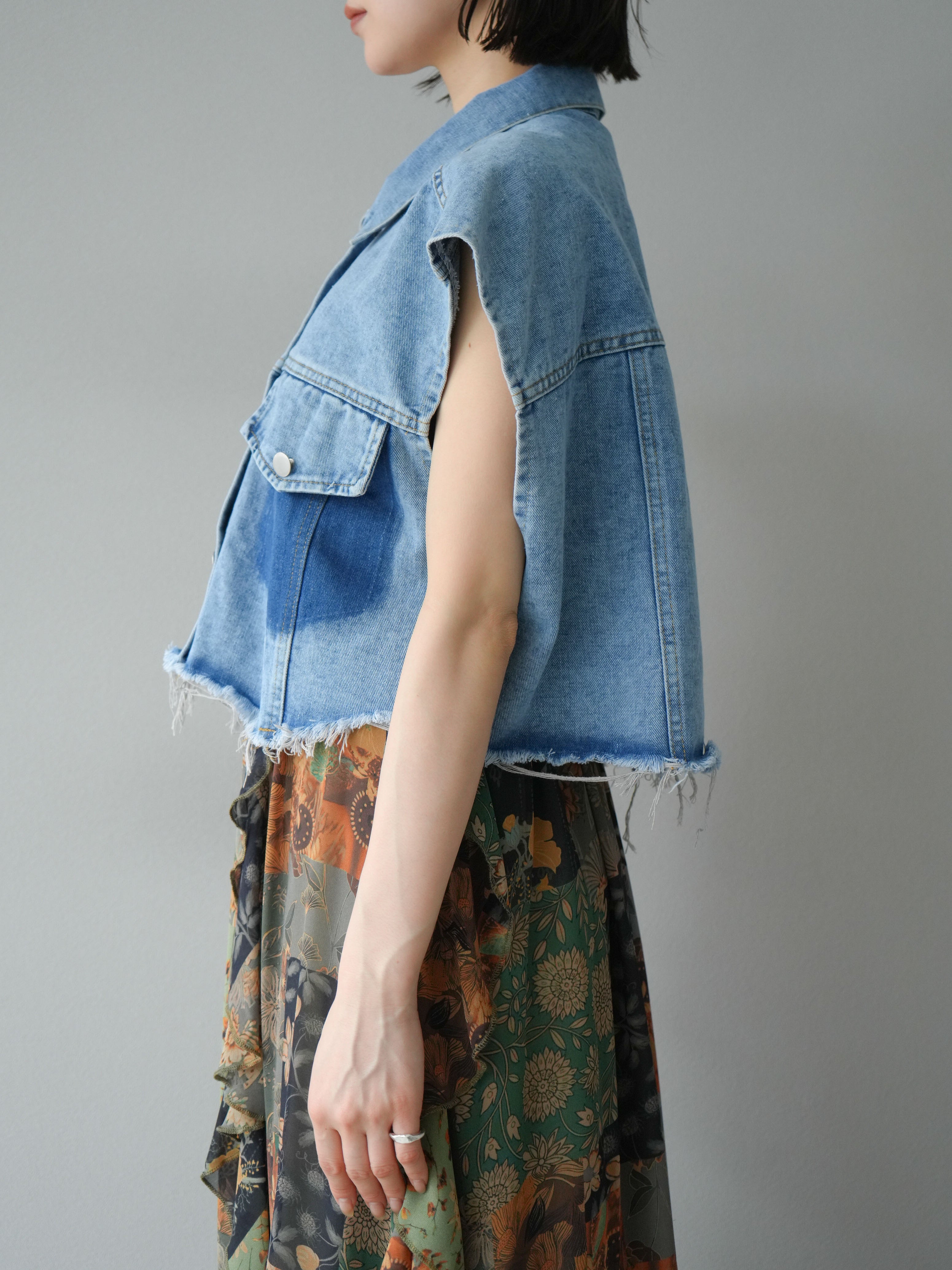 予約]染めポケットデザインデニムショートシャツ/ライトブルー – Lumier