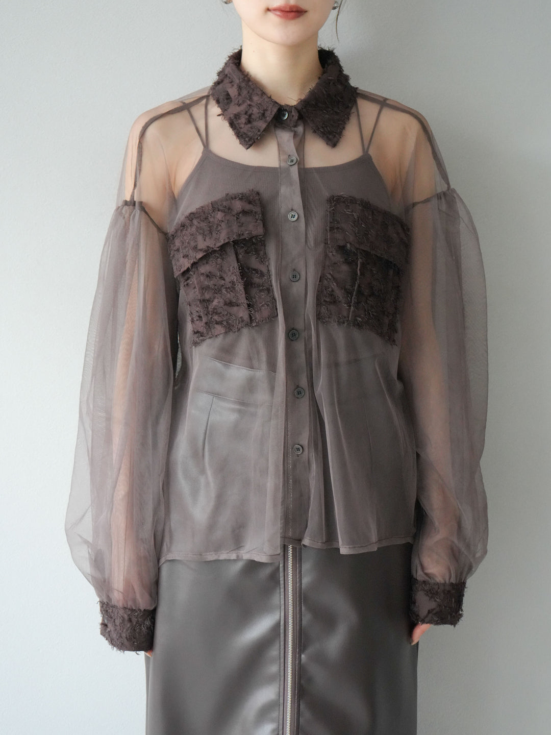 [予約]フリンジジャガード×チュールレイヤードシャツ/ブラウン