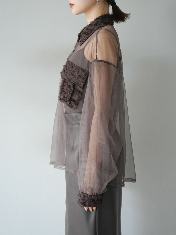 [予約]フリンジジャガード×チュールレイヤードシャツ/ブラウン