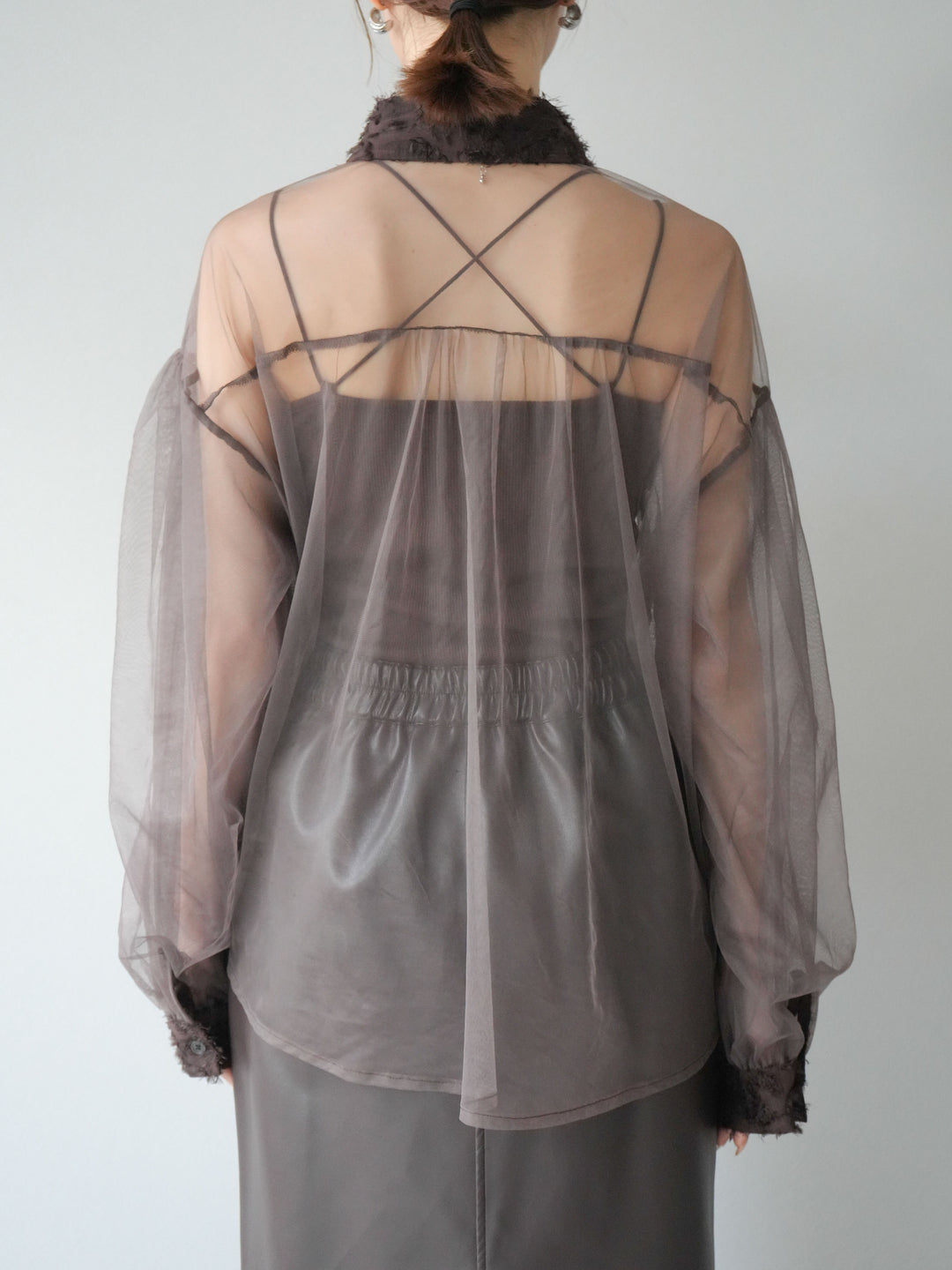 [予約]フリンジジャガード×チュールレイヤードシャツ/ブラウン