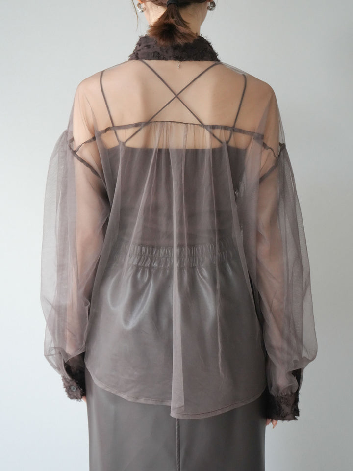 [予約]フリンジジャガード×チュールレイヤードシャツ/ブラウン