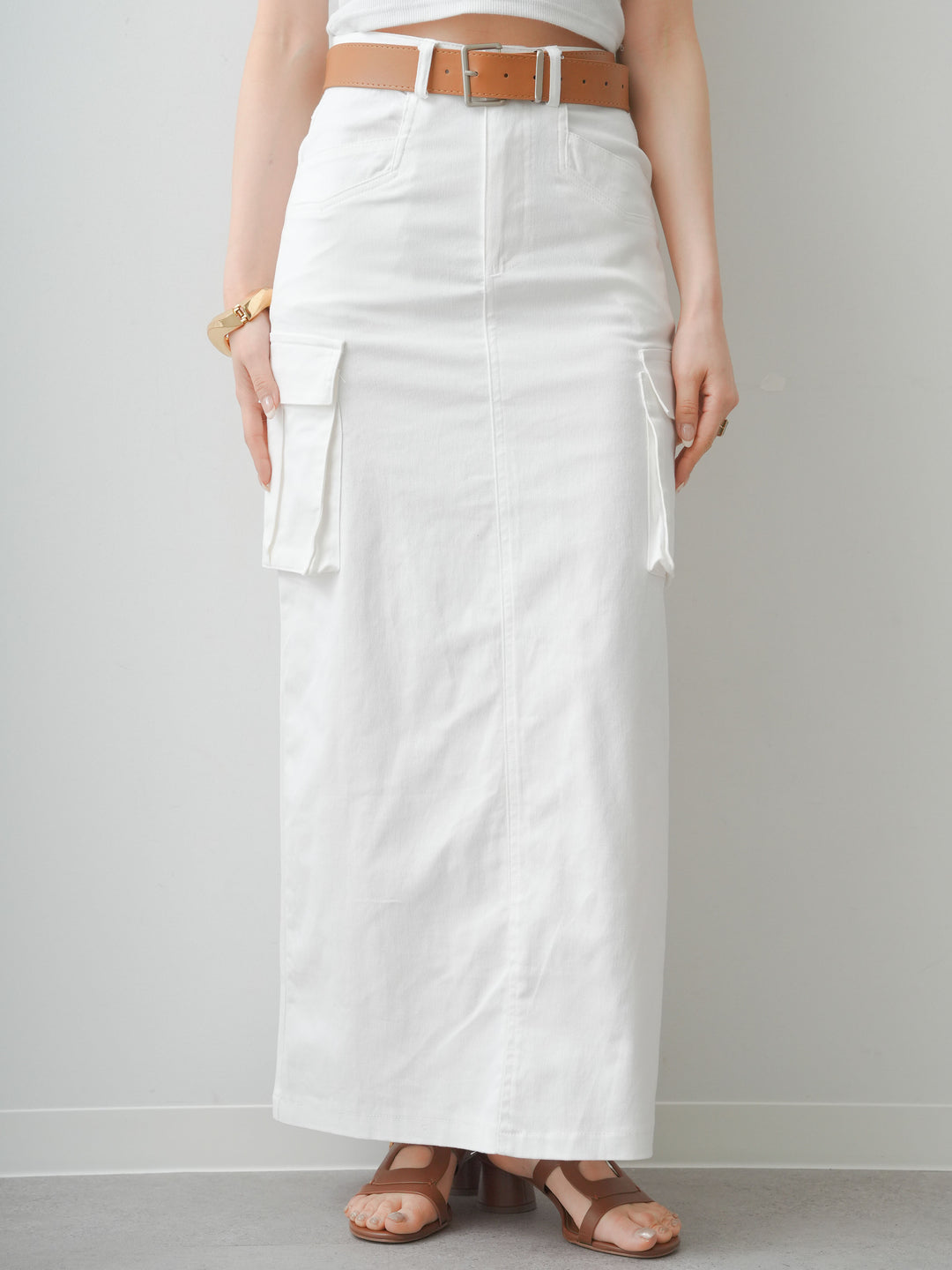 [予約]ベルト付カーゴナロースカート/white