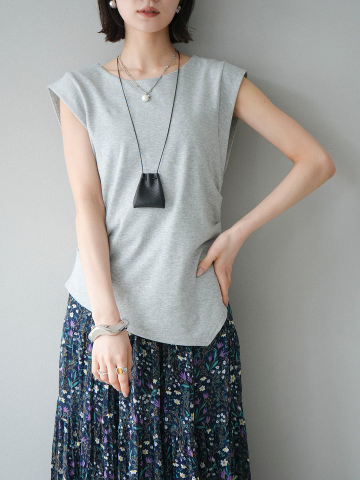 [予約]サイドギャザーTシャツ＆巾着レザーネックレスSET /グレー