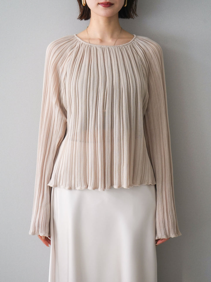 [予約]プリーツシアーフレアスリーブニットトップス/beige