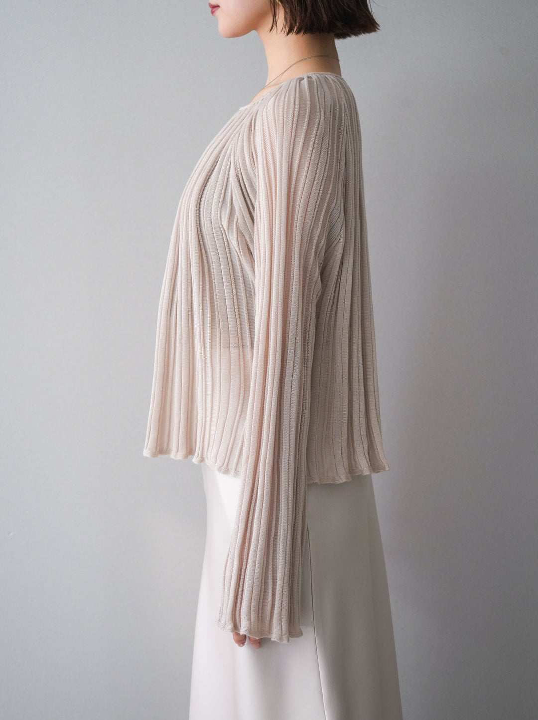 [予約]プリーツシアーフレアスリーブニットトップス/beige