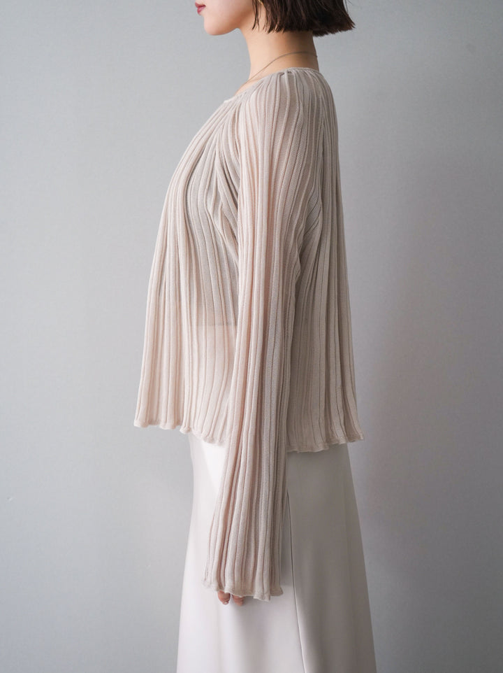 [予約]プリーツシアーフレアスリーブニットトップス/beige