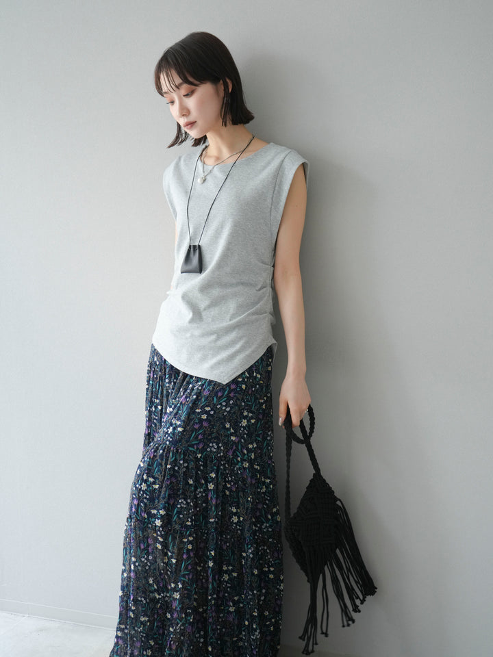 [予約]サイドギャザーTシャツ＆巾着レザーネックレスSET /グレー