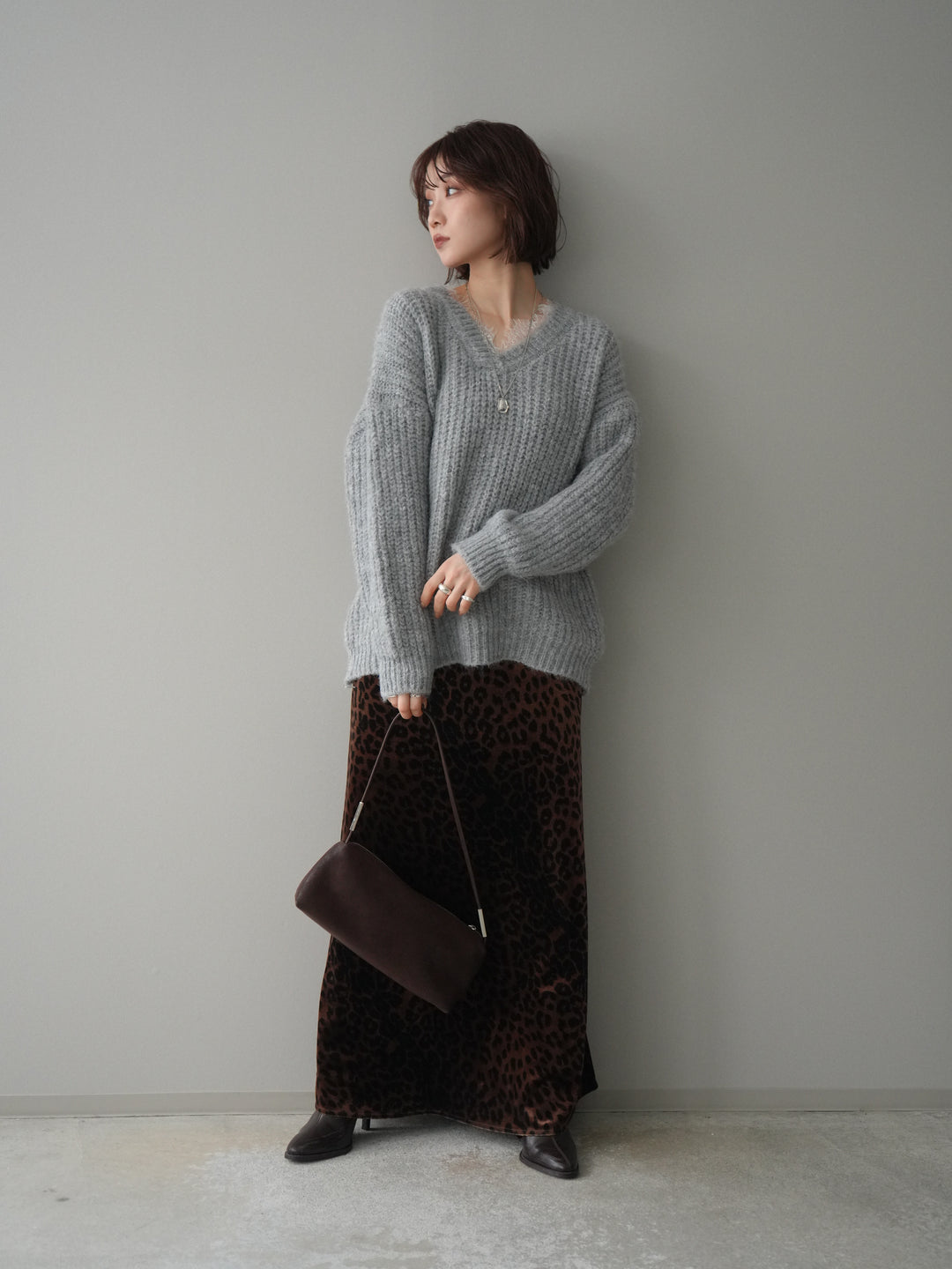 [予約]レオパードベロアナロースカート/brown