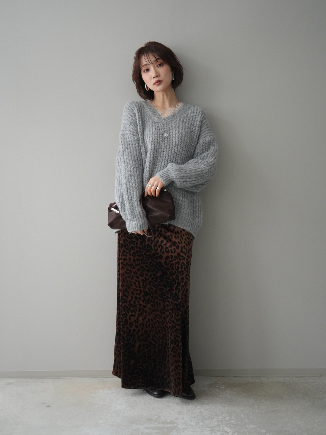 [予約]レオパードベロアナロースカート/brown