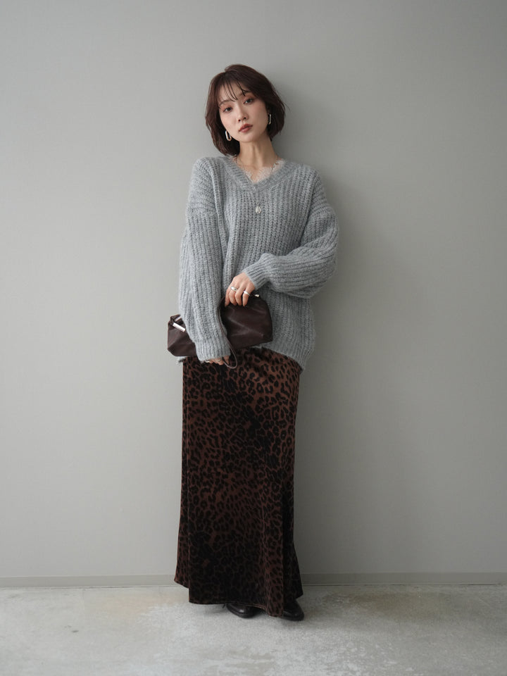 [予約]レオパードベロアナロースカート/brown