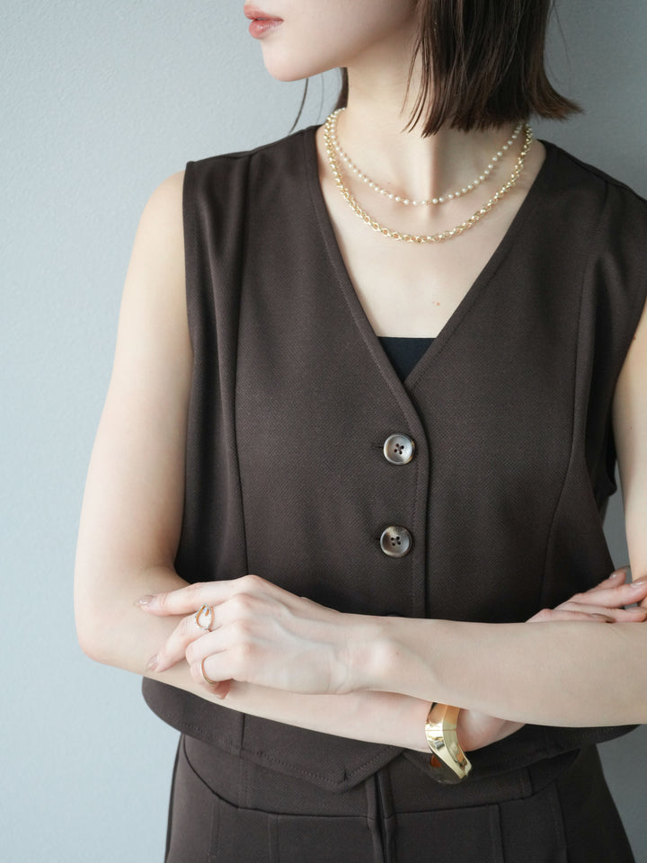 [予約]パール×デザインチェーン２連ネックレス/ゴールド