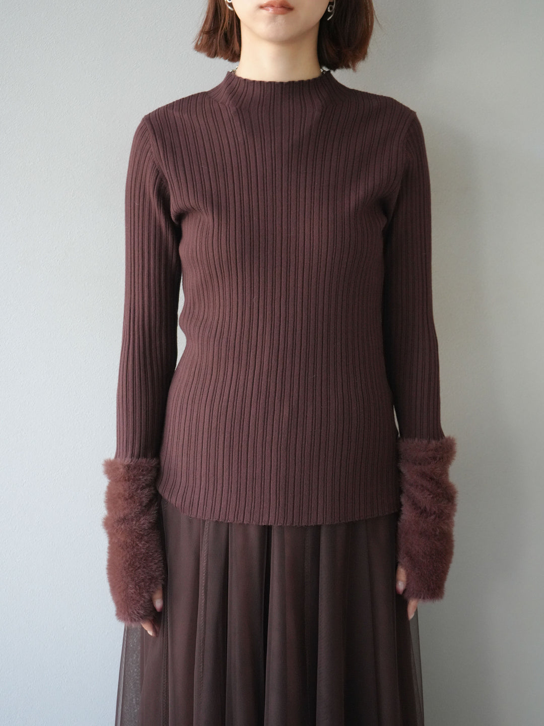 [予約]アームシャギーランダムリブニットトップス/ブラウン