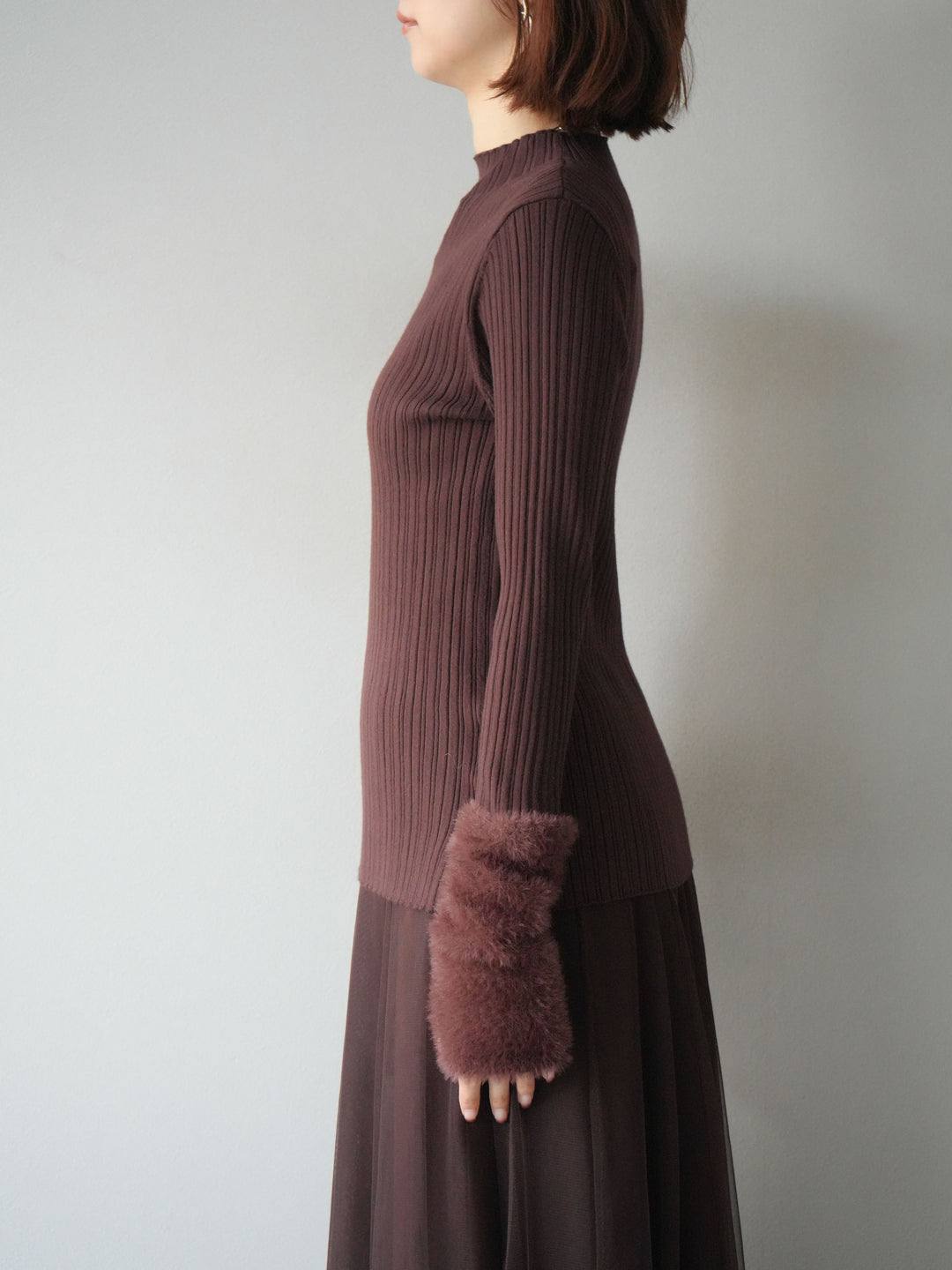 [予約]アームシャギーランダムリブニットトップス/ブラウン