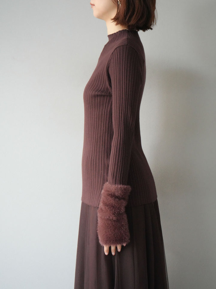 [予約]アームシャギーランダムリブニットトップス/ブラウン