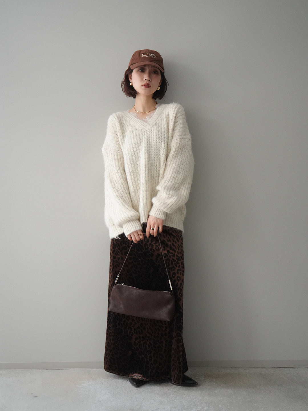 [予約]レオパードベロアナロースカート/brown