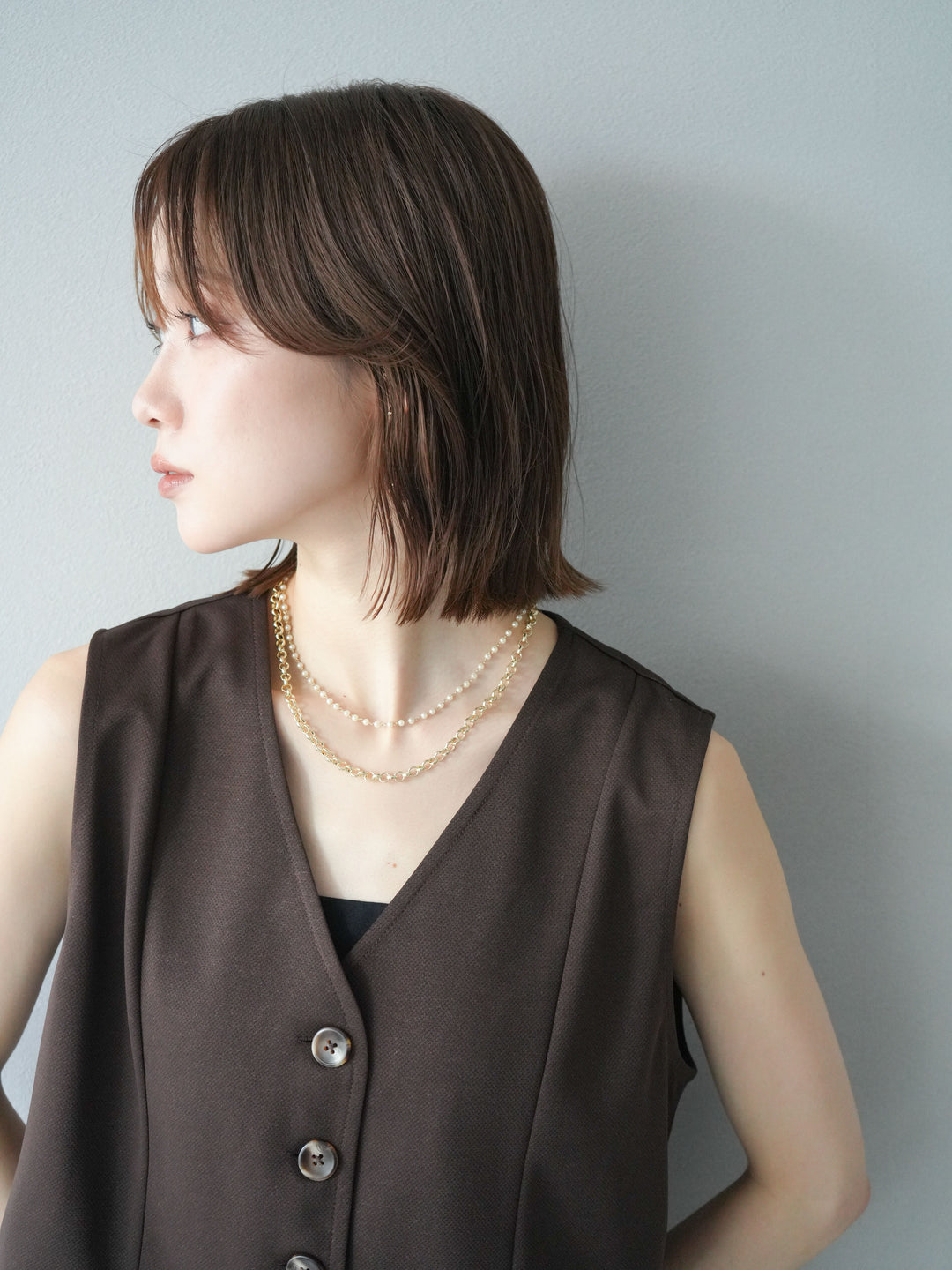 [予約]パール×デザインチェーン２連ネックレス/ゴールド