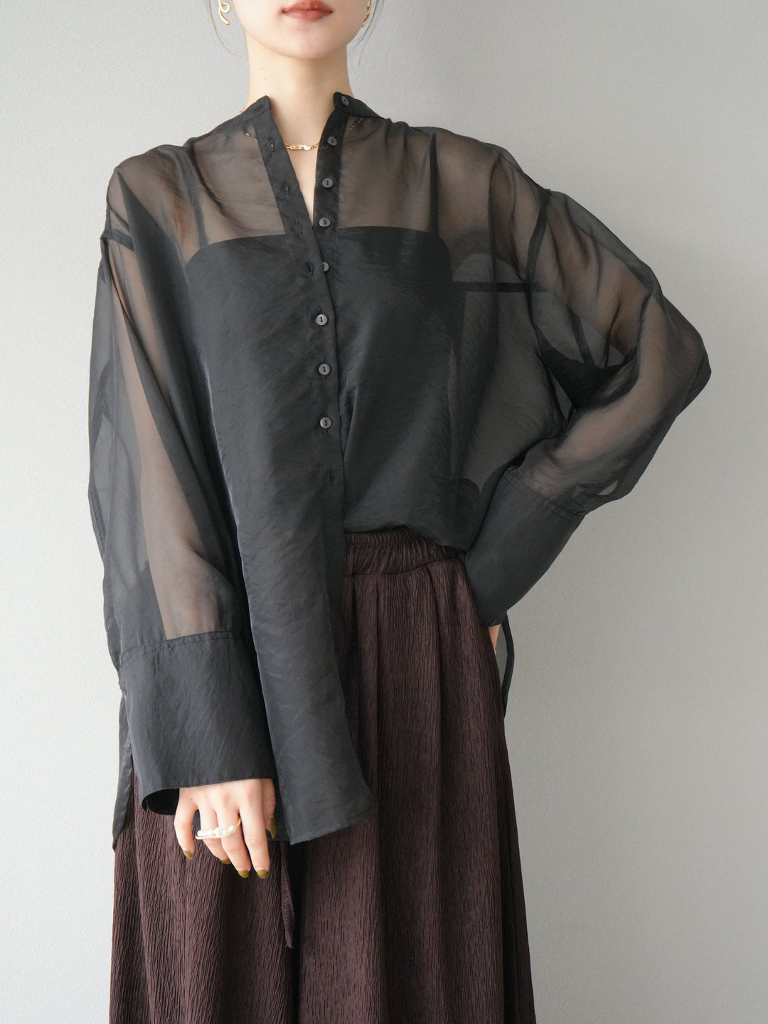 [SET] 亮面透視立領襯衫 + 亮面透視立領襯衫 (2 件套)