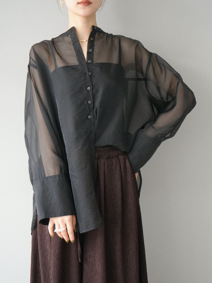 [SET] 亮面透視立領襯衫 + 亮面透視立領襯衫 (2 件套)