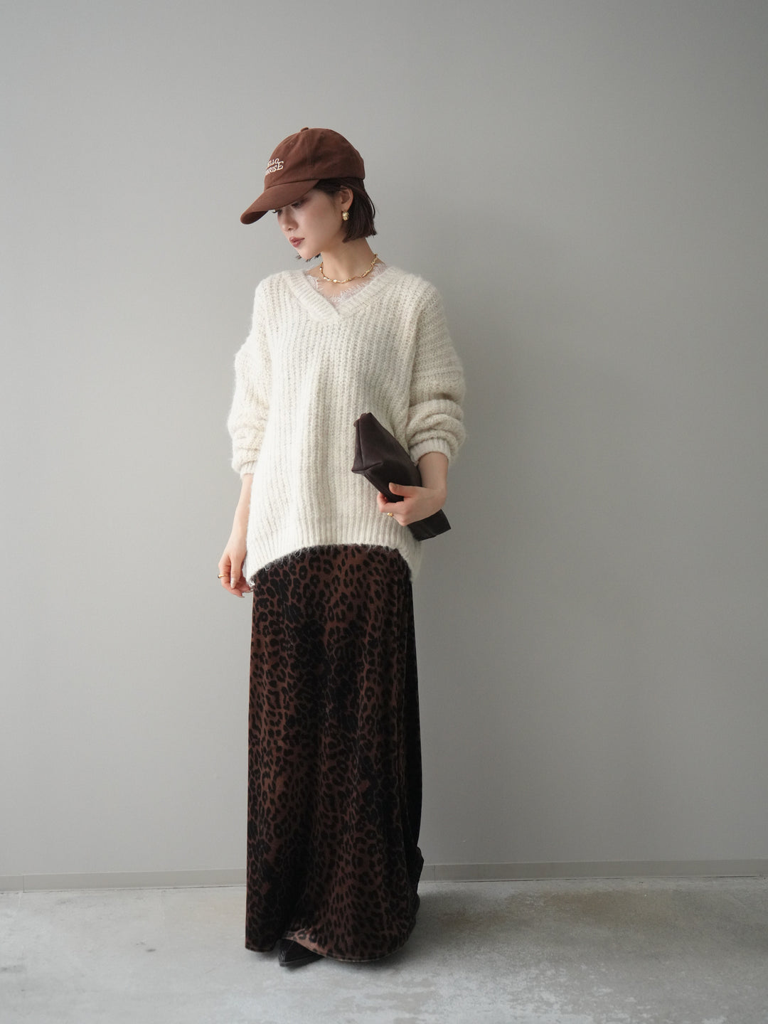 [予約]レオパードベロアナロースカート/brown