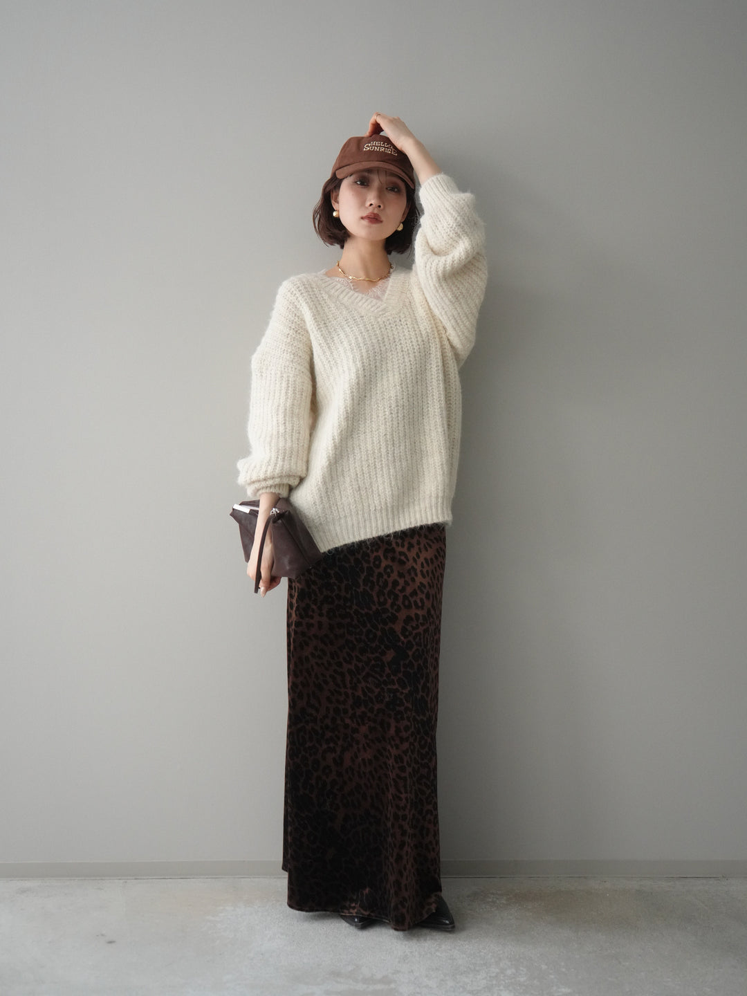 [予約]レオパードベロアナロースカート/brown