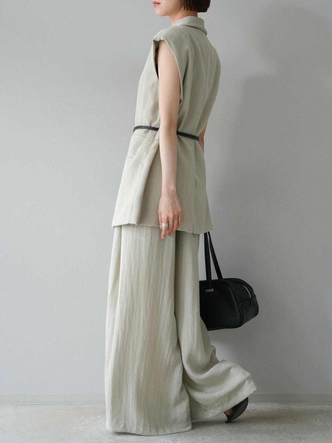 [套裝] 亞麻質感腰帶背心和褲子套裝（2 組）