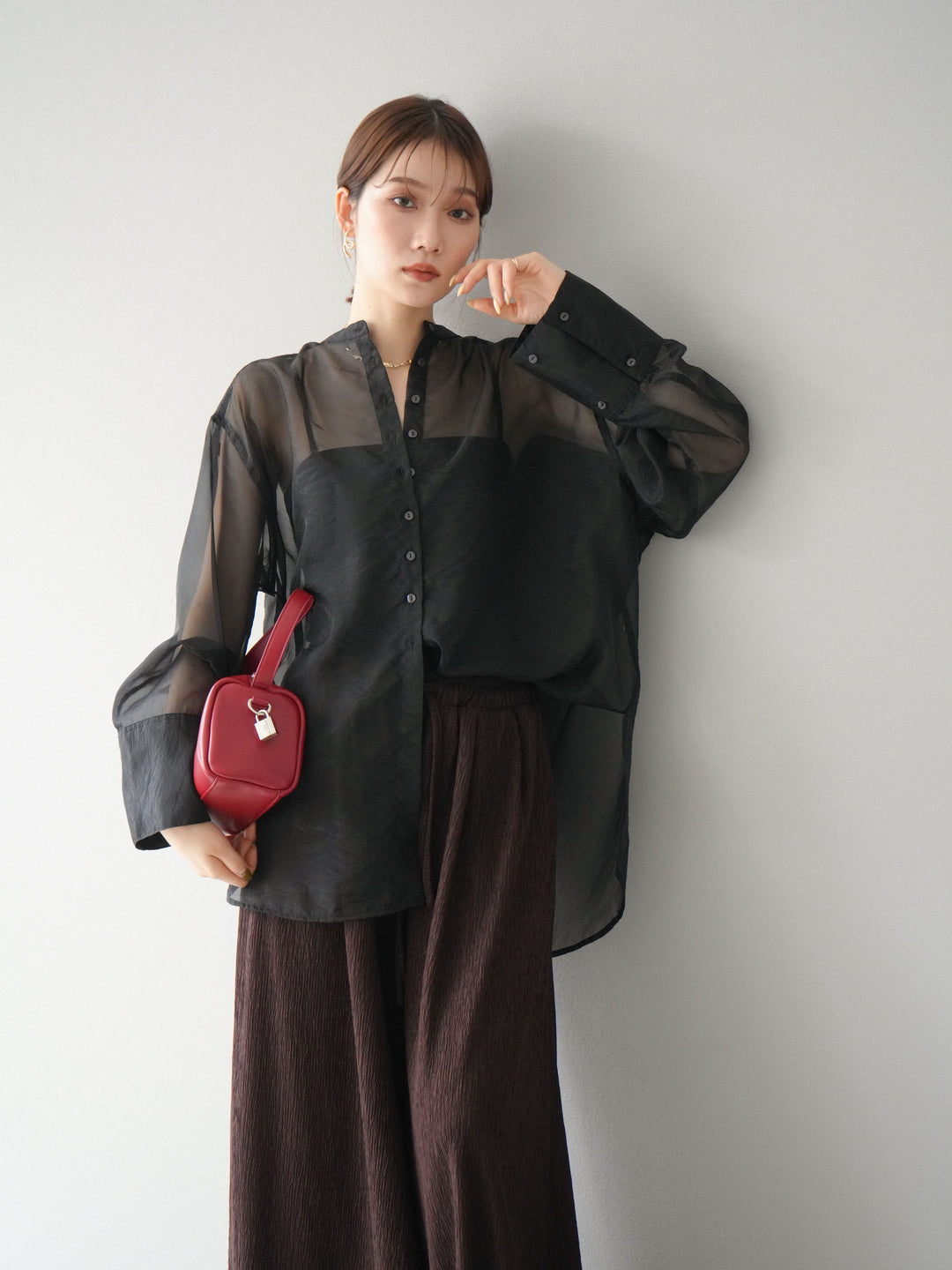 [SET] 亮面透視立領襯衫 + 亮面透視立領襯衫 (2 件套)