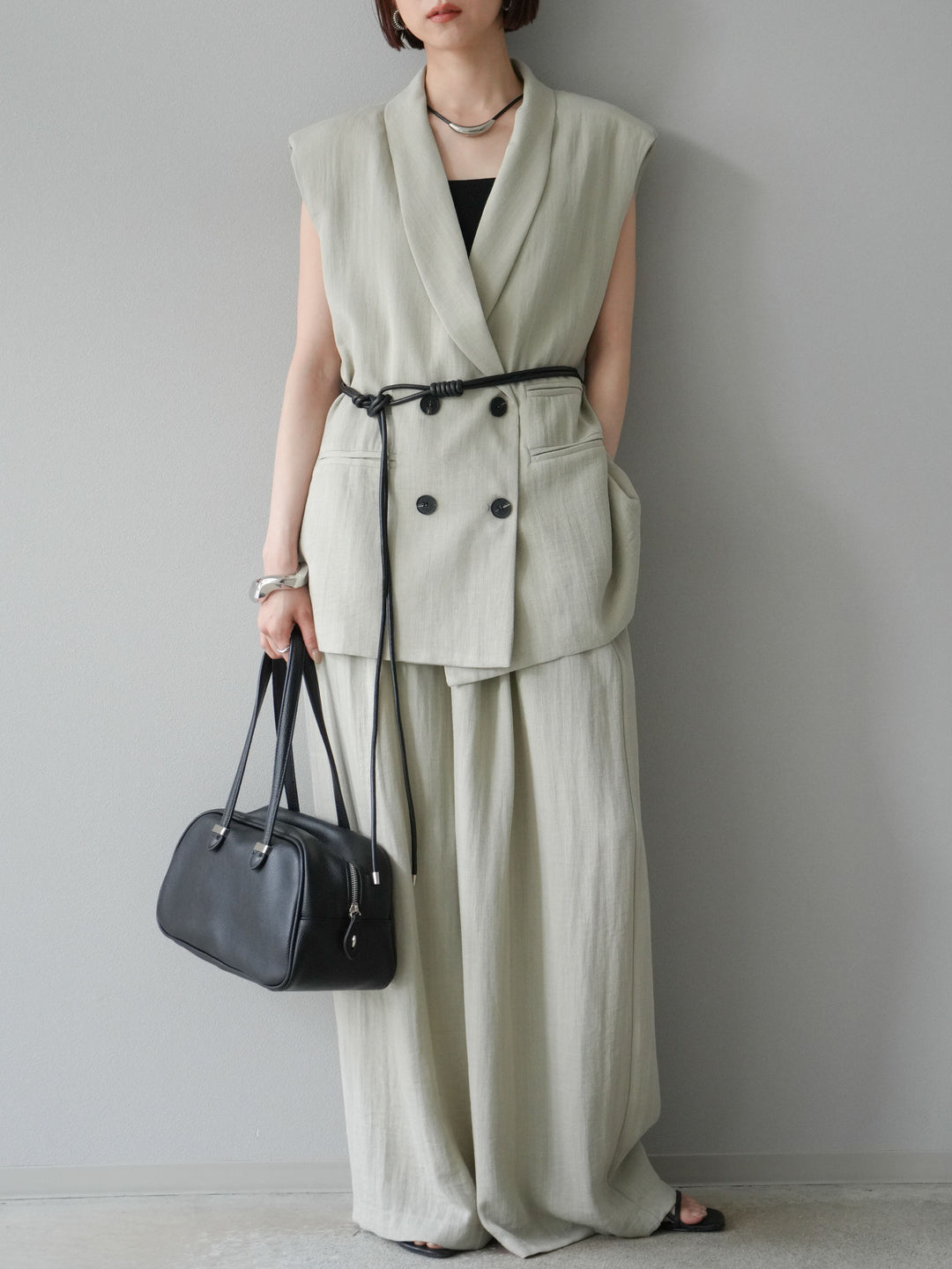 [套裝] 亞麻質感腰帶背心和褲子套裝（2 組）