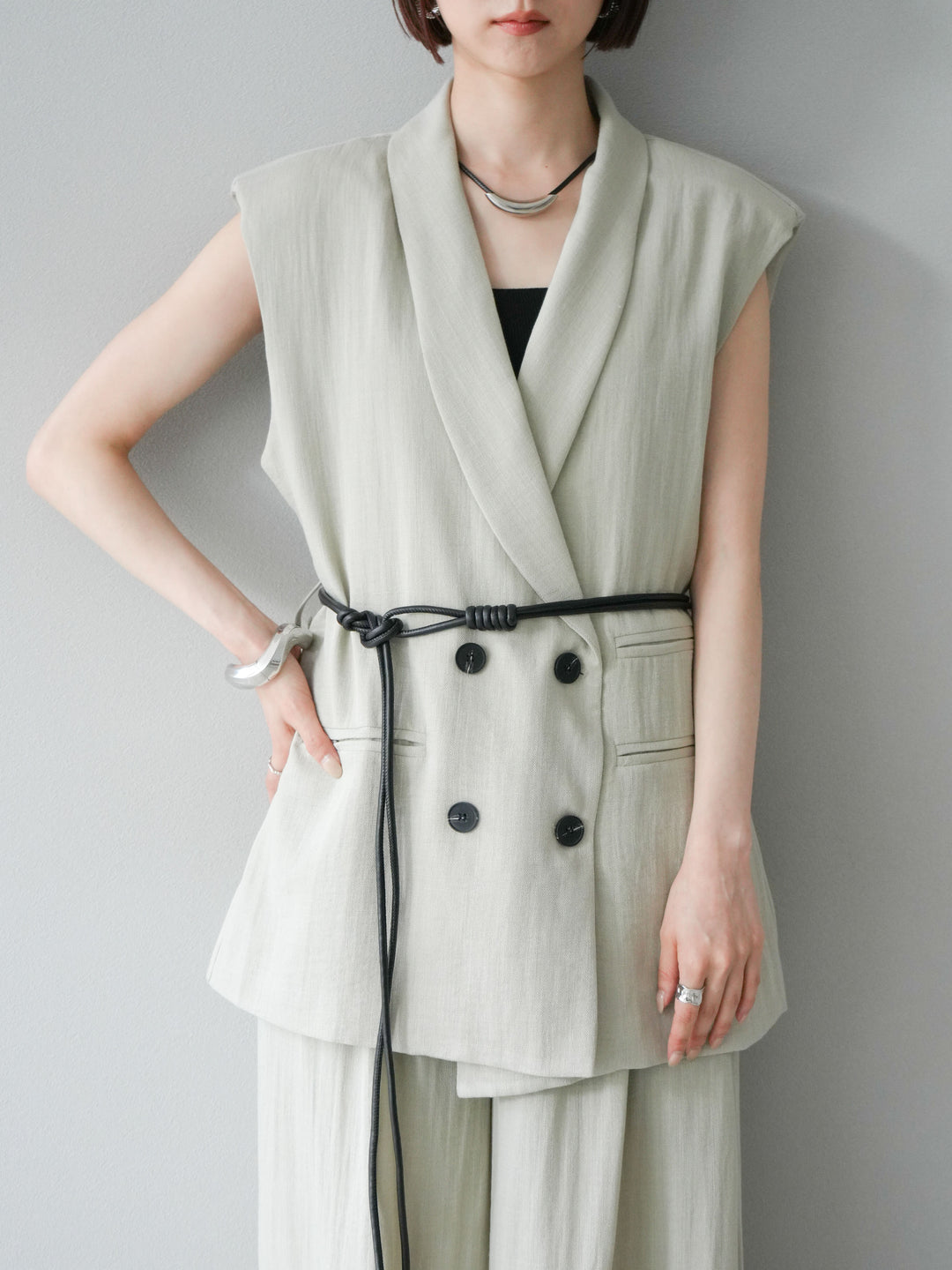 [套裝] 亞麻質感腰帶背心和褲子套裝（2 組）