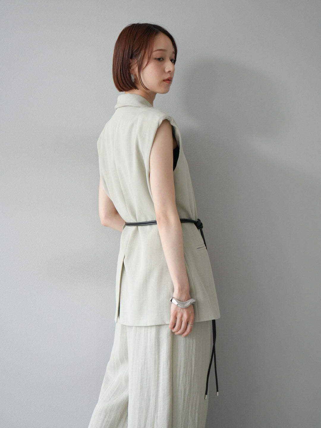 [套裝] 亞麻質感腰帶背心和褲子套裝（2 組）