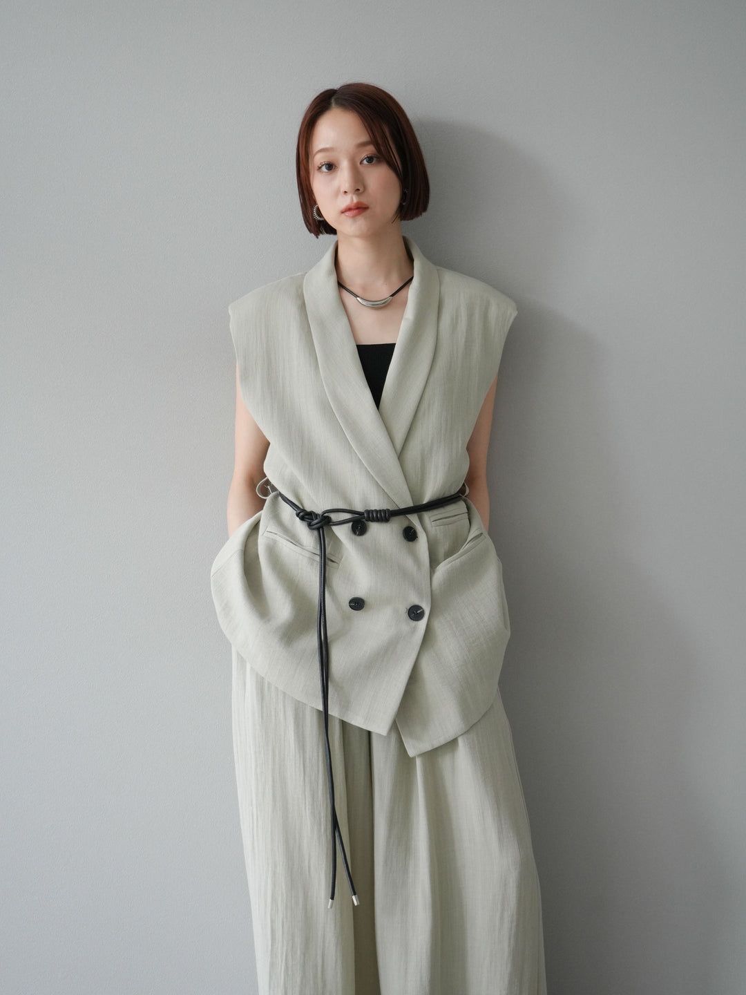 [套裝] 亞麻質感腰帶背心和褲子套裝（2 組）