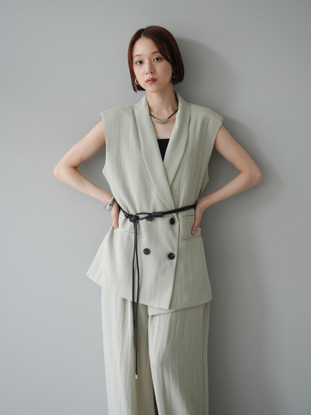 [套裝] 亞麻質感腰帶背心和褲子套裝（2 組）