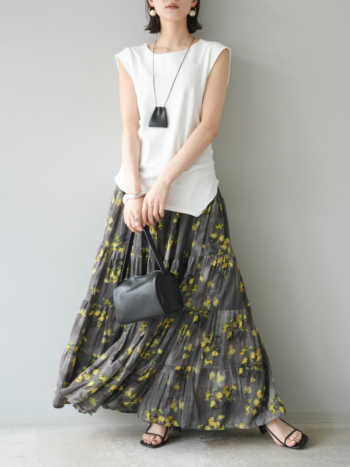 [予約]サイドギャザーTシャツ＆巾着レザーネックレスSET /ホワイト