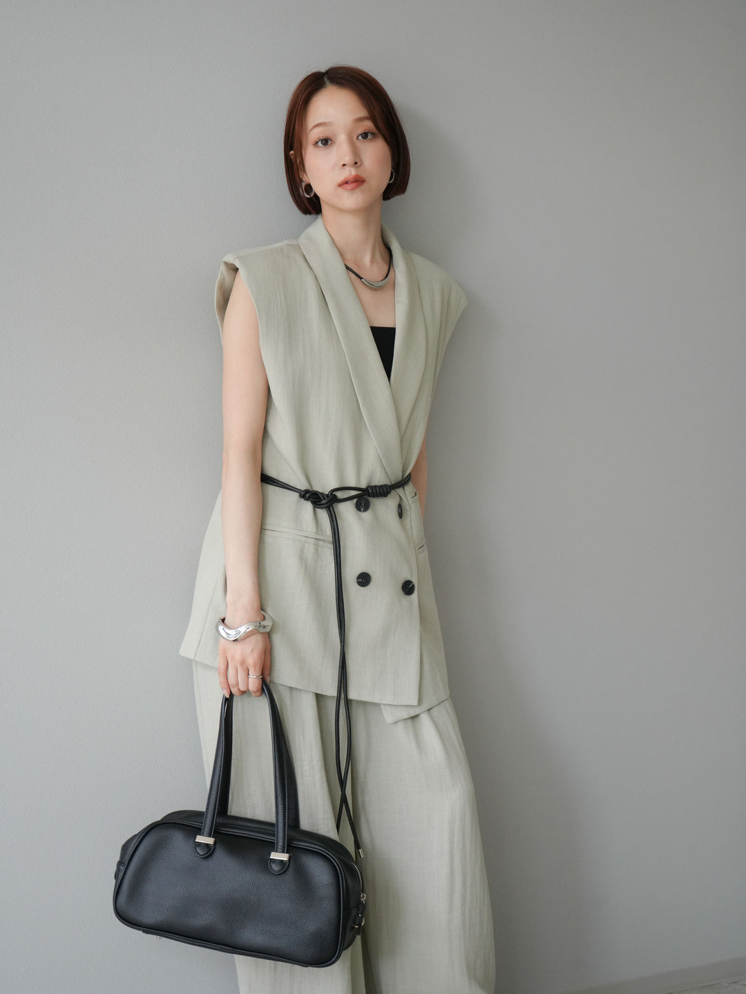 [套裝] 亞麻質感腰帶背心和褲子套裝（2 組）