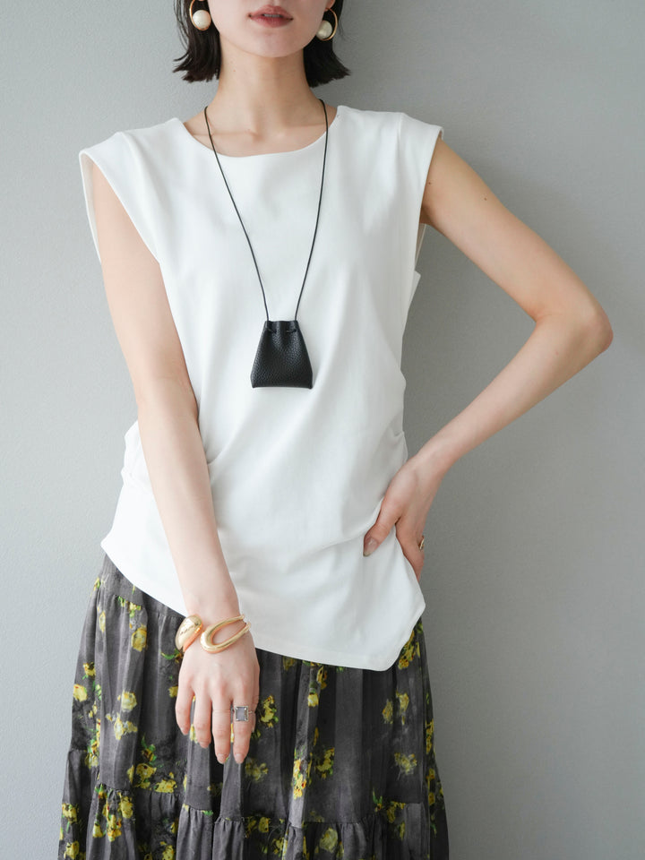 [予約]サイドギャザーTシャツ＆巾着レザーネックレスSET /ホワイト