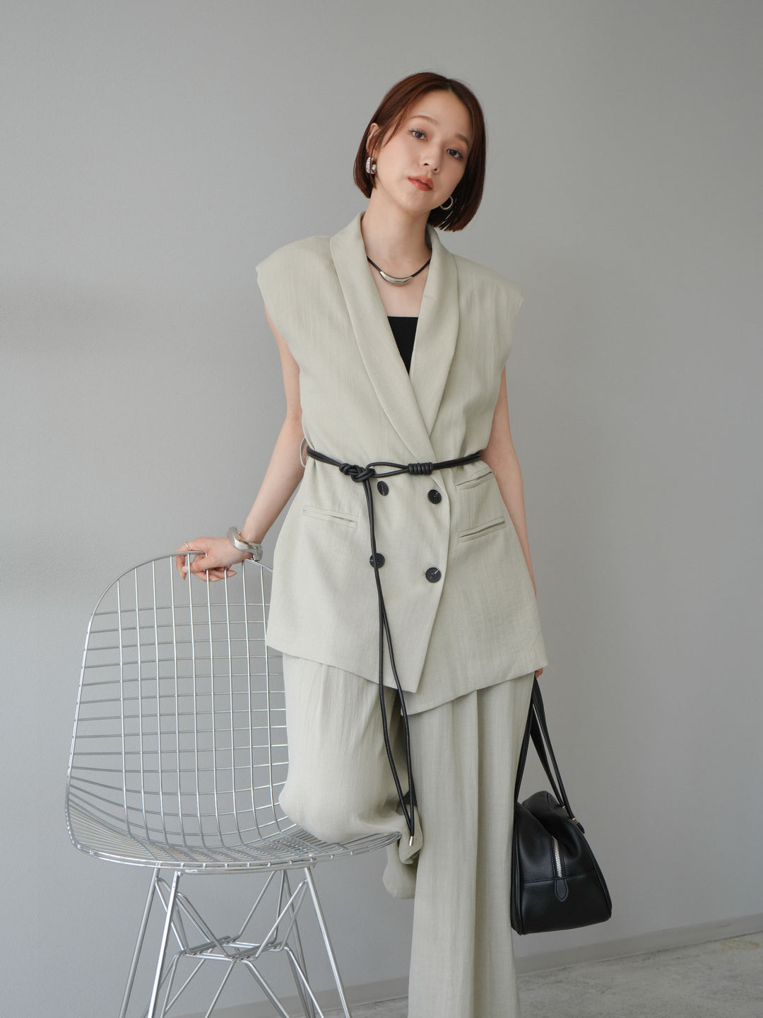 [SET]リネンタッチベルト付ジレ＆パンツSET UP+選べるアクセセット(2set)