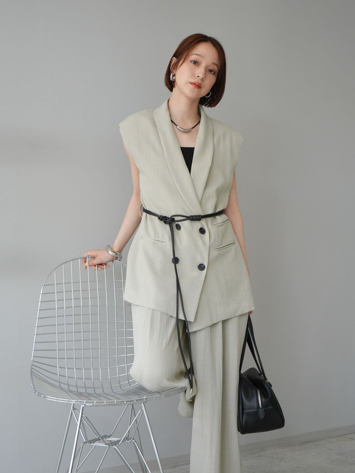[套裝] 亞麻質感腰帶背心和褲子套裝（2 組）