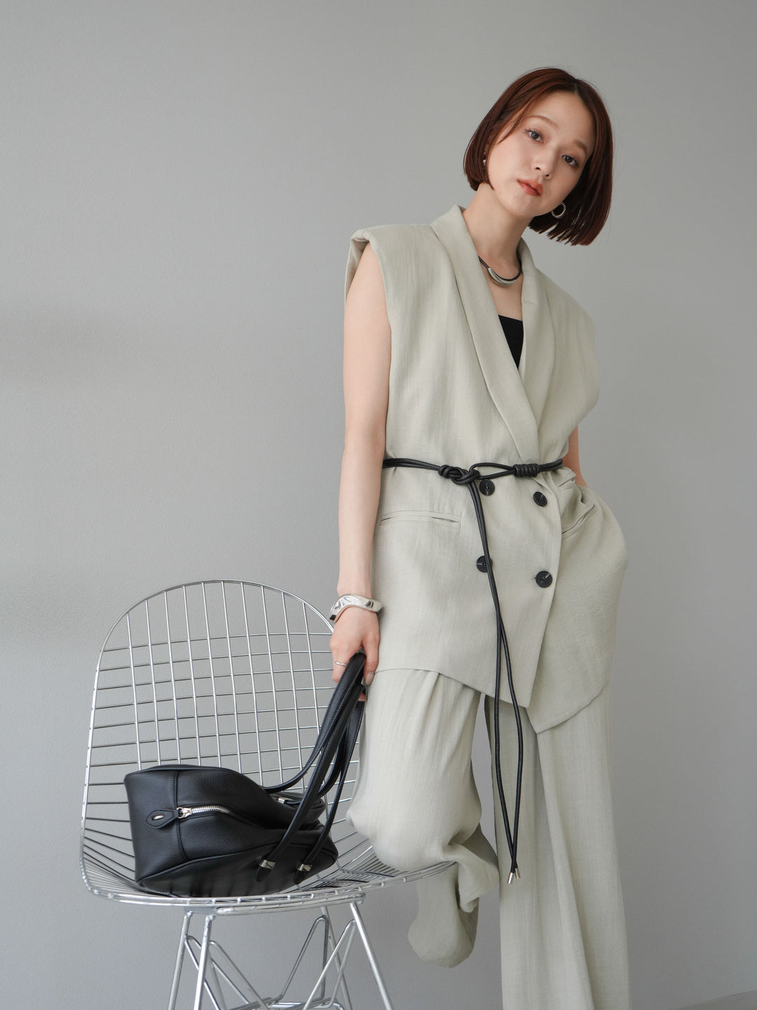 [SET]リネンタッチベルト付ジレ＆パンツSET UP+選べるアクセセット(2set)